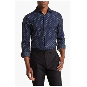 Azaro Uomo Mens Slim Fit 4-Way Stretch Long Sleeve Shirt XL Navy Blue With White